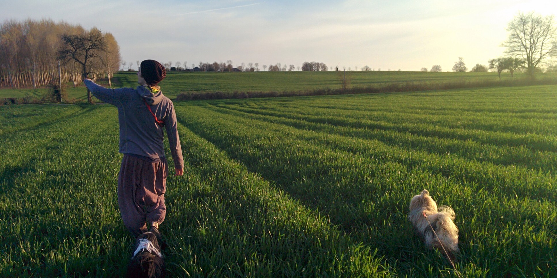 Me walking two dogs in springtime France