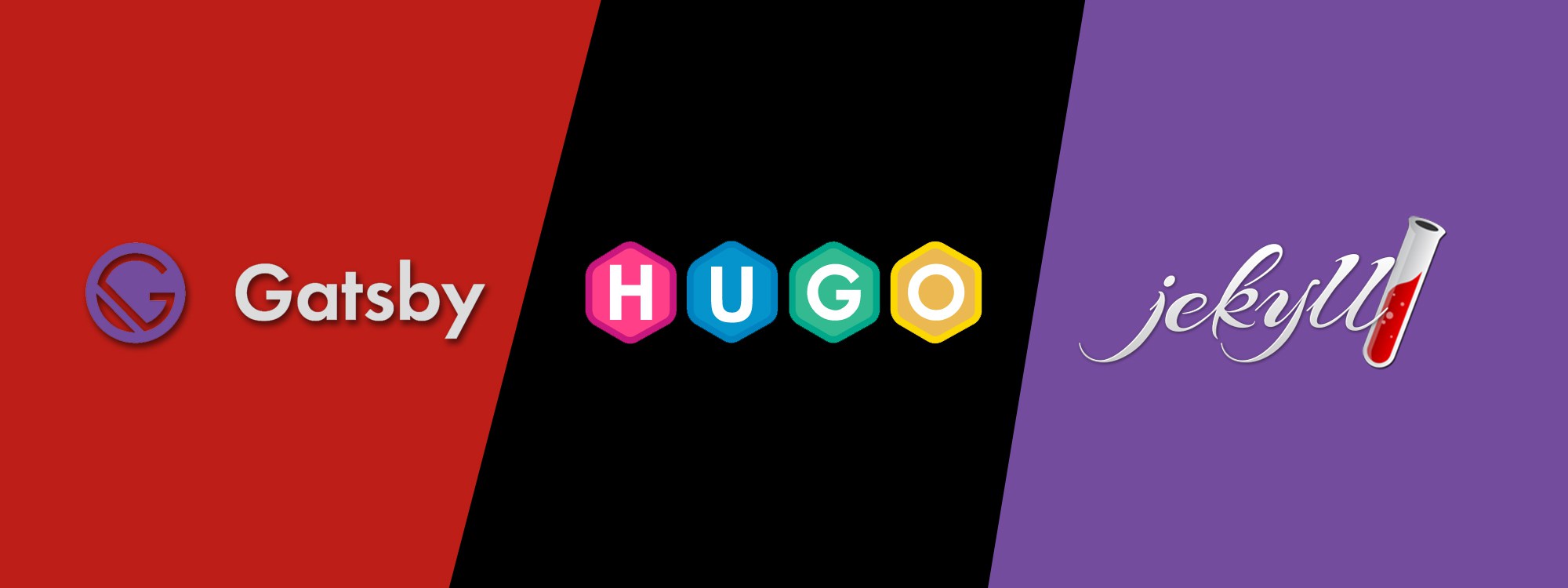 A banner I put together with the logos of the contending static site generators: Gatsby, Hugo, and Jekyll