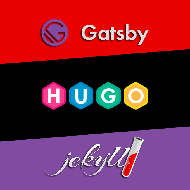 The logos for HUGO, Jekyll, and Gatsby.