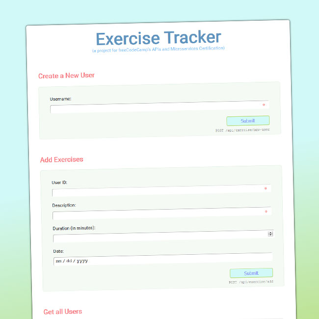 A screenshot of my take on the exercise tracker project for freeCodeCamp.