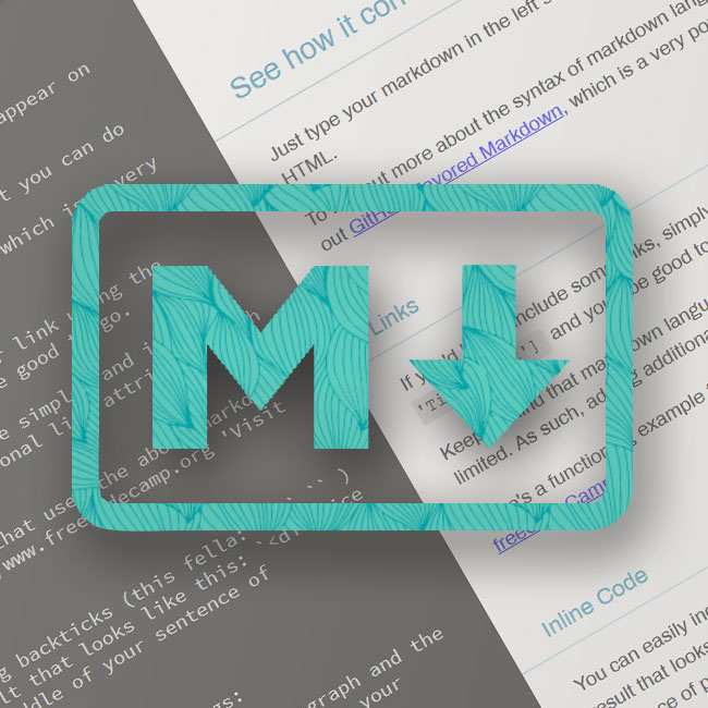 A composited image showing a screenshot of the project in the background, with the Markdown logo overlaid on top.