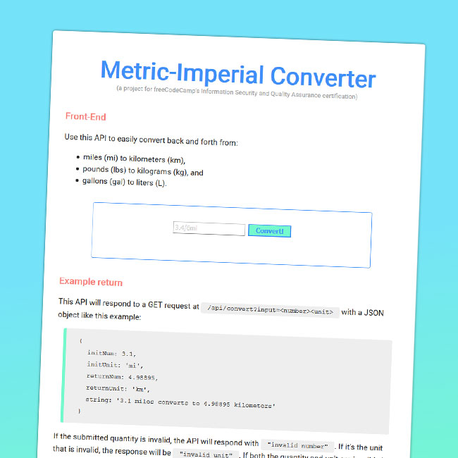 A screenshot of my take on the metric-imperial converter project for freeCodeCamp.