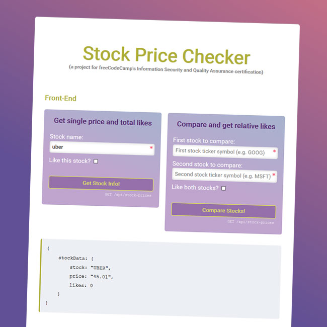 A screenshot of my take on the stock price checker project for freeCodeCamp.